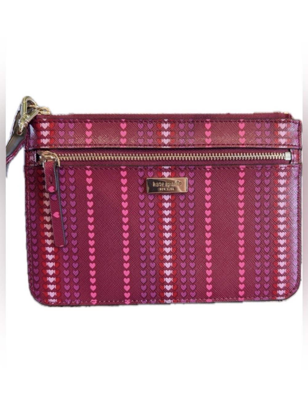 Kate Spade NEW York Heart Stripe Print Pink & Burgundy Wristlet - NWT